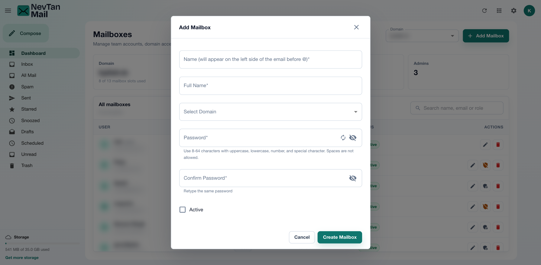 Add Mailbox dialog with name, full name, domain, and password fields