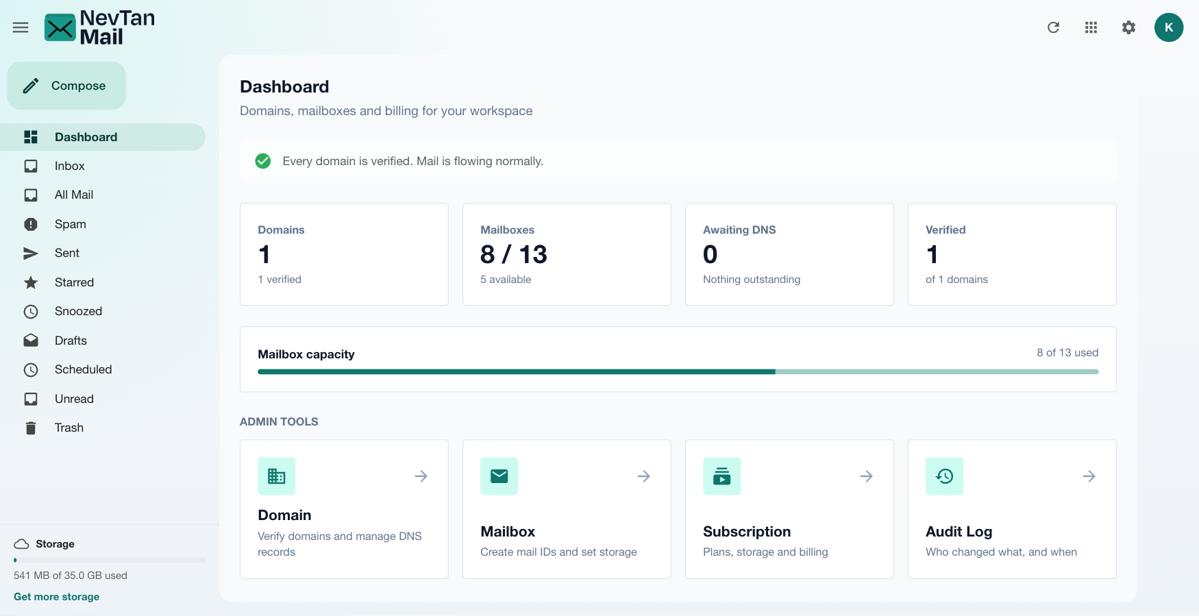 Admin dashboard with Domain, Mailbox, and Subscription cards