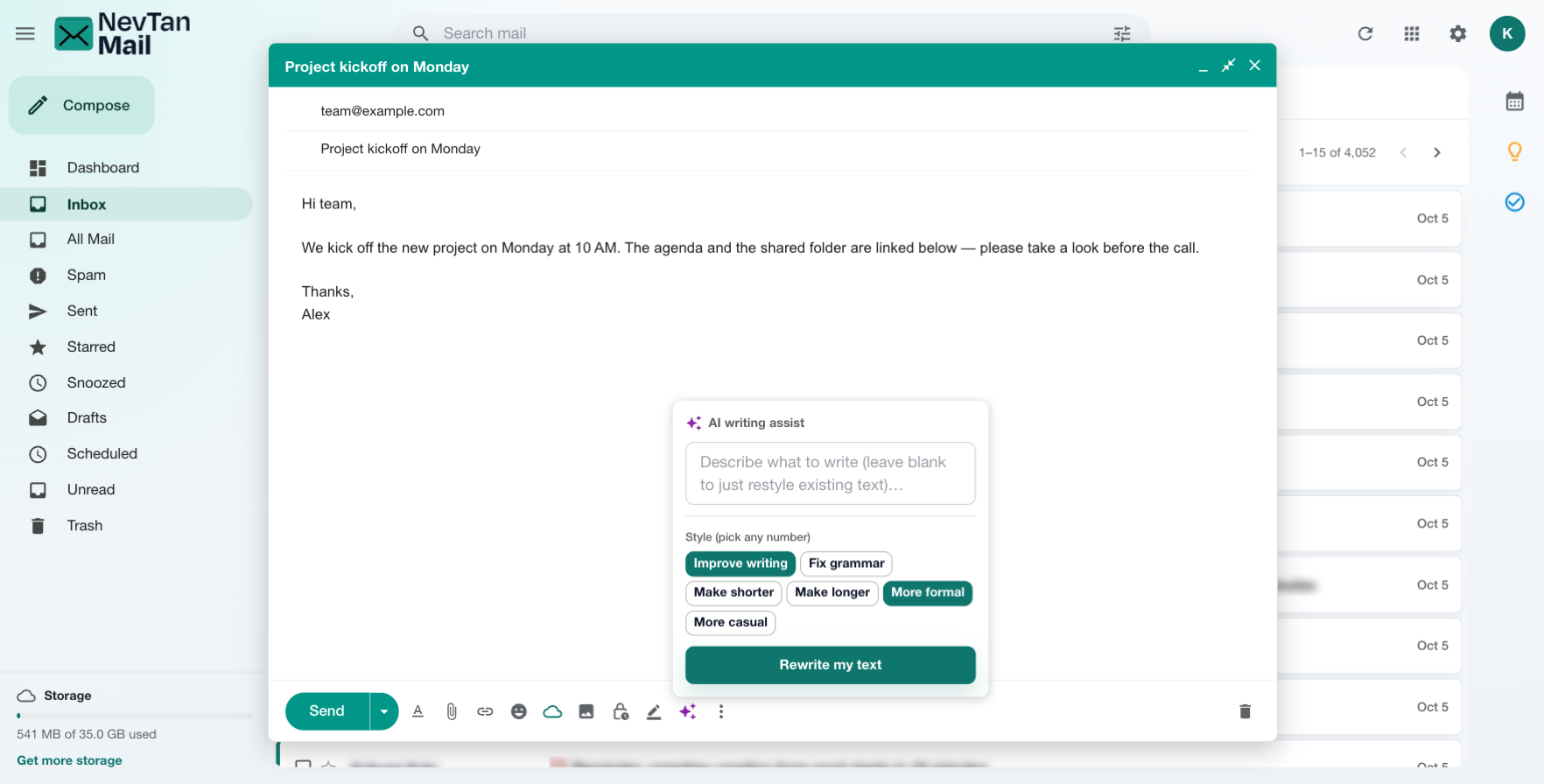 AI writing assist panel with a prompt box and style options
