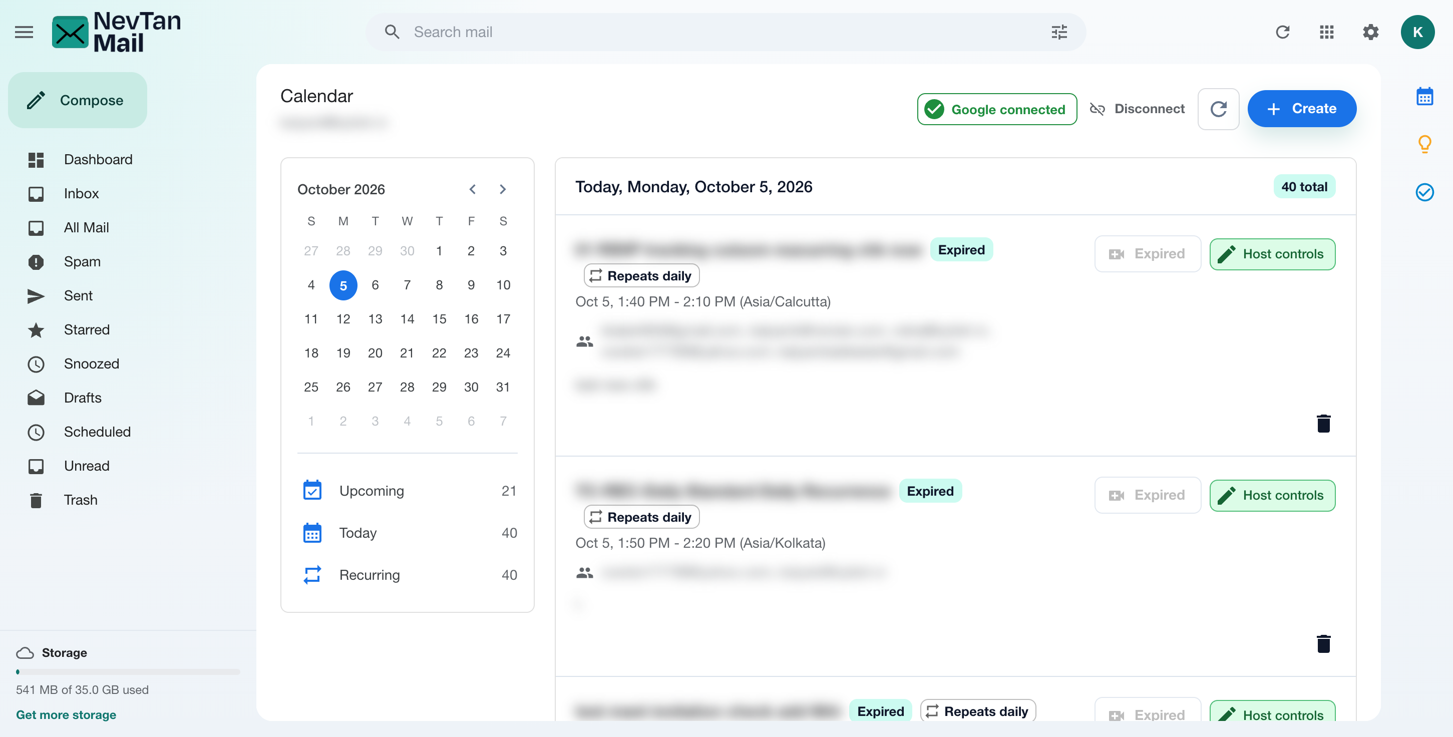 Calendar day view with the mini-calendar sidebar