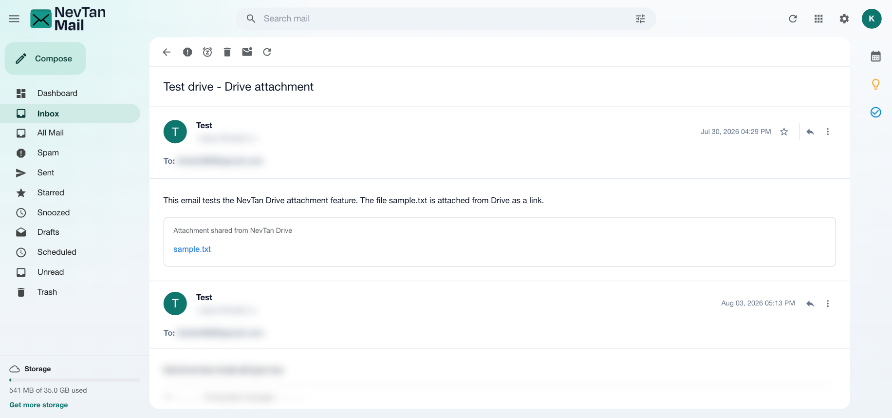 A received message showing attachments shared from NevTan Drive