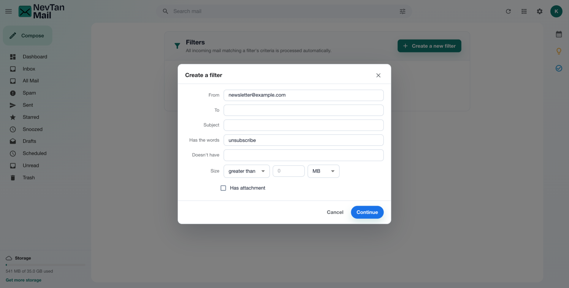 Filter criteria form with From, To, Subject, Has the words and Size fields