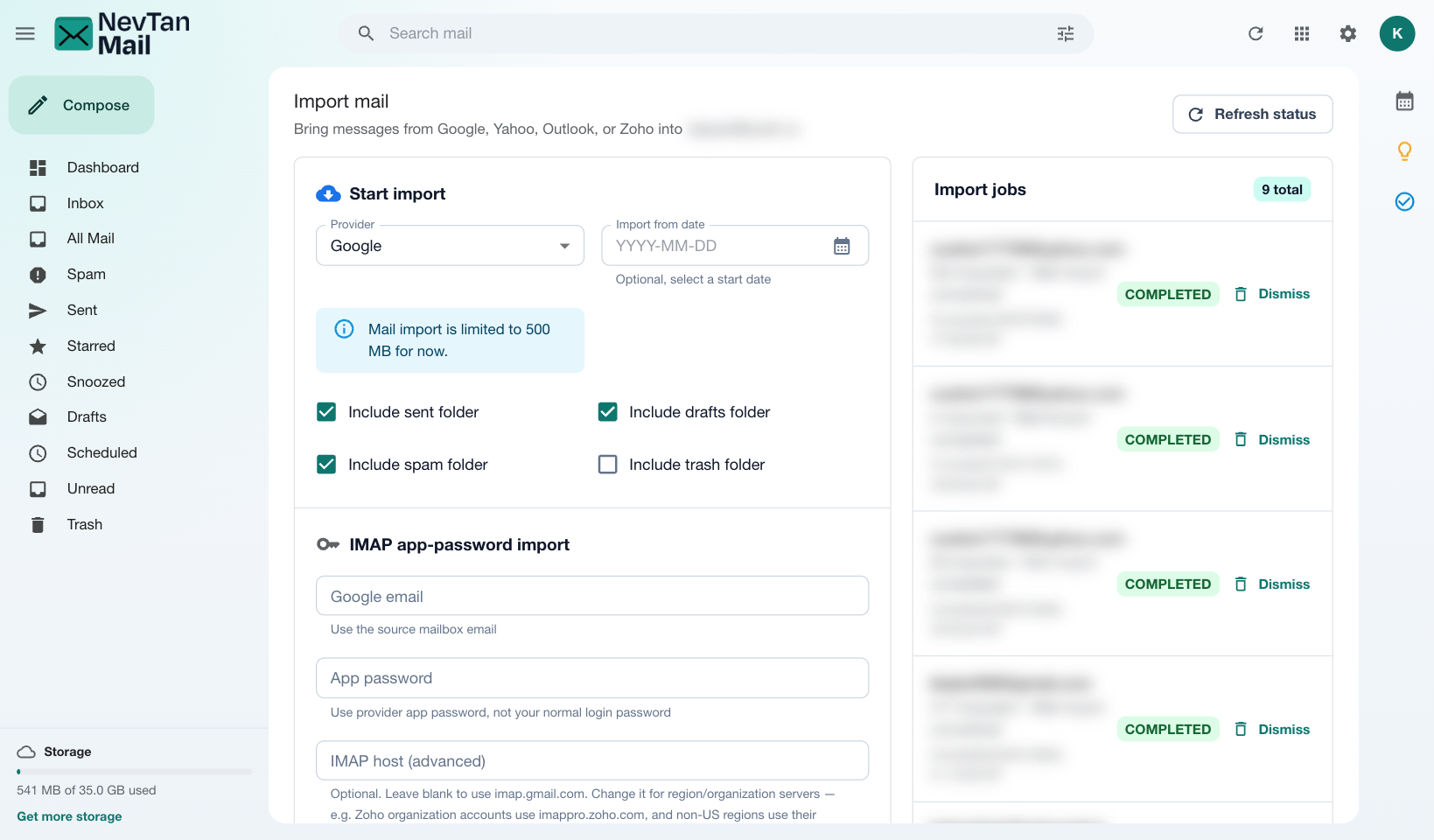 Import mail form with provider, source email, app password, and folders