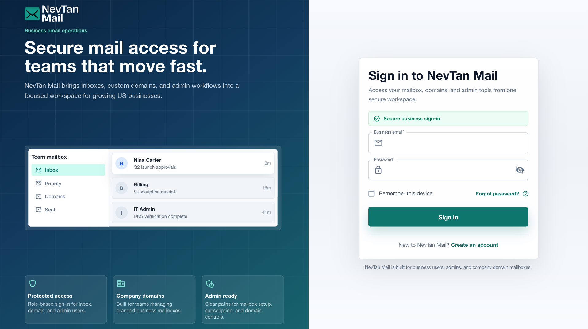 NevTan Mail sign-in page