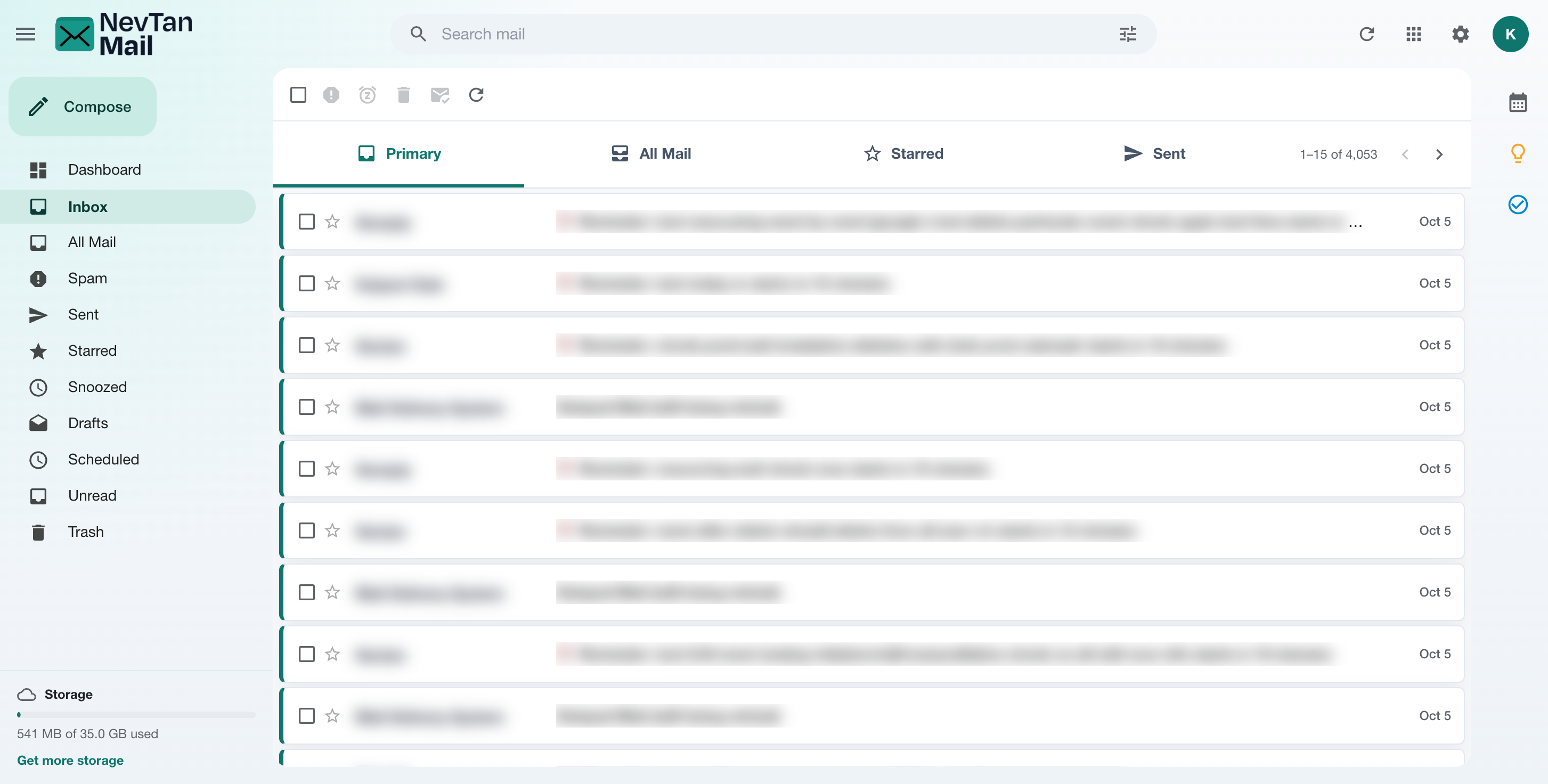 NevTan Mail inbox with the folder sidebar and message list