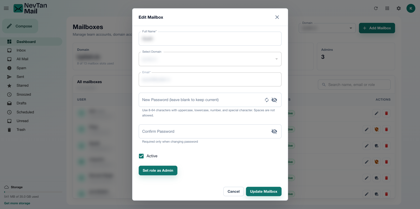 Mailbox editor showing the Set role as Admin / Revoke admin access control