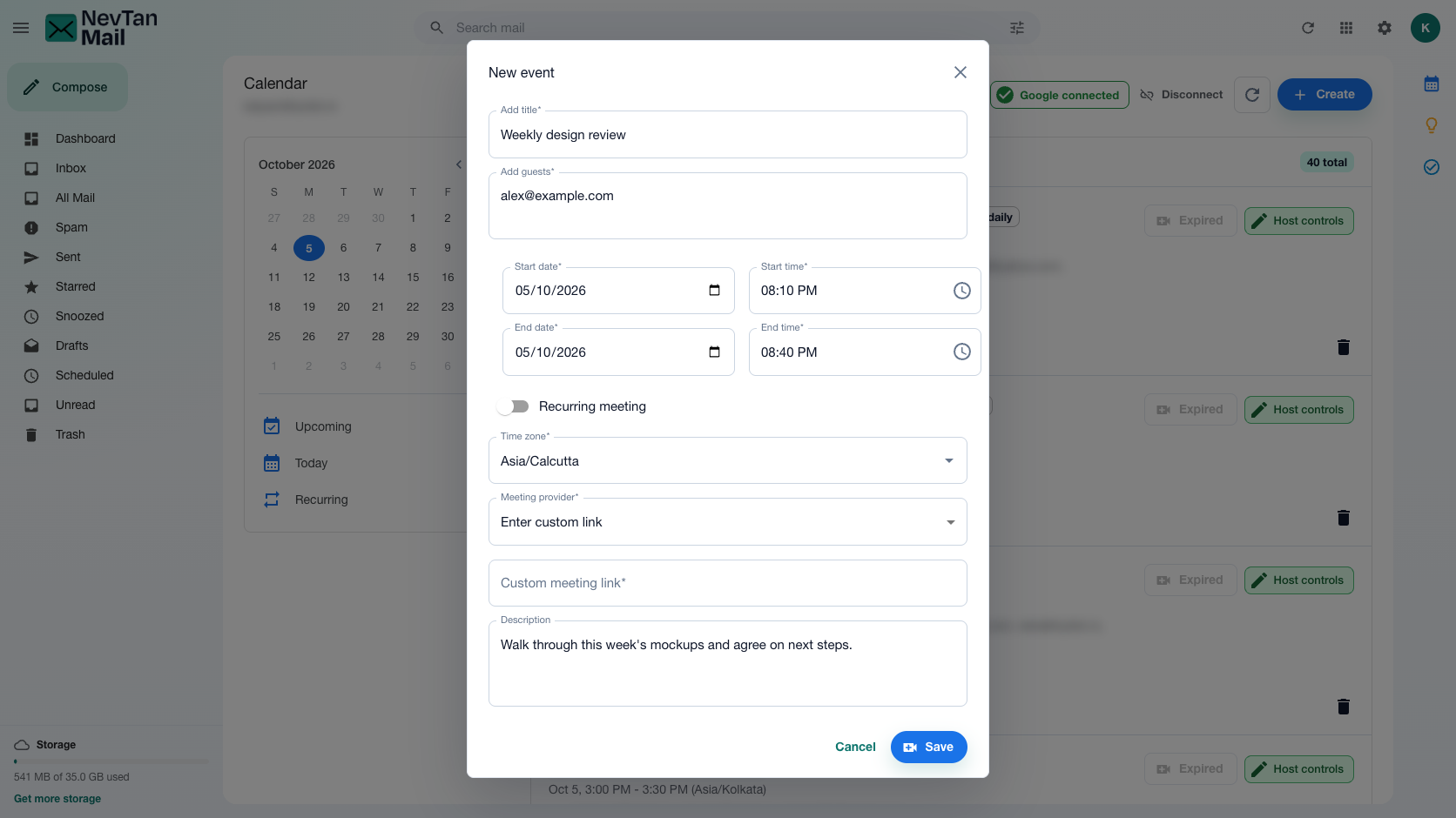 New meeting form with title, guests, time, and provider