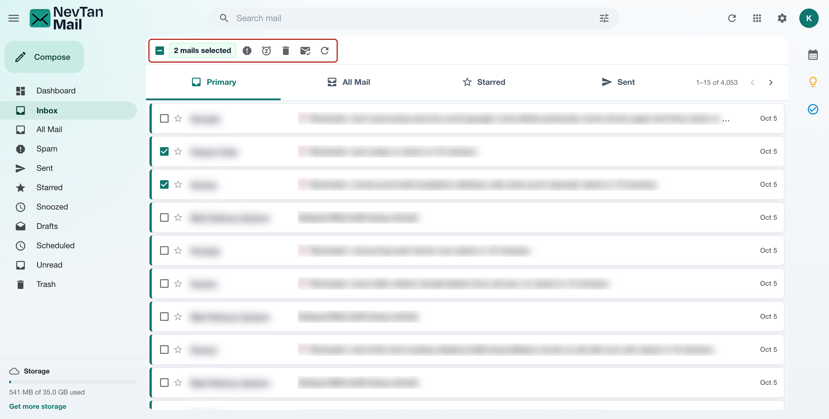 Message toolbar with spam, snooze, trash, and read controls