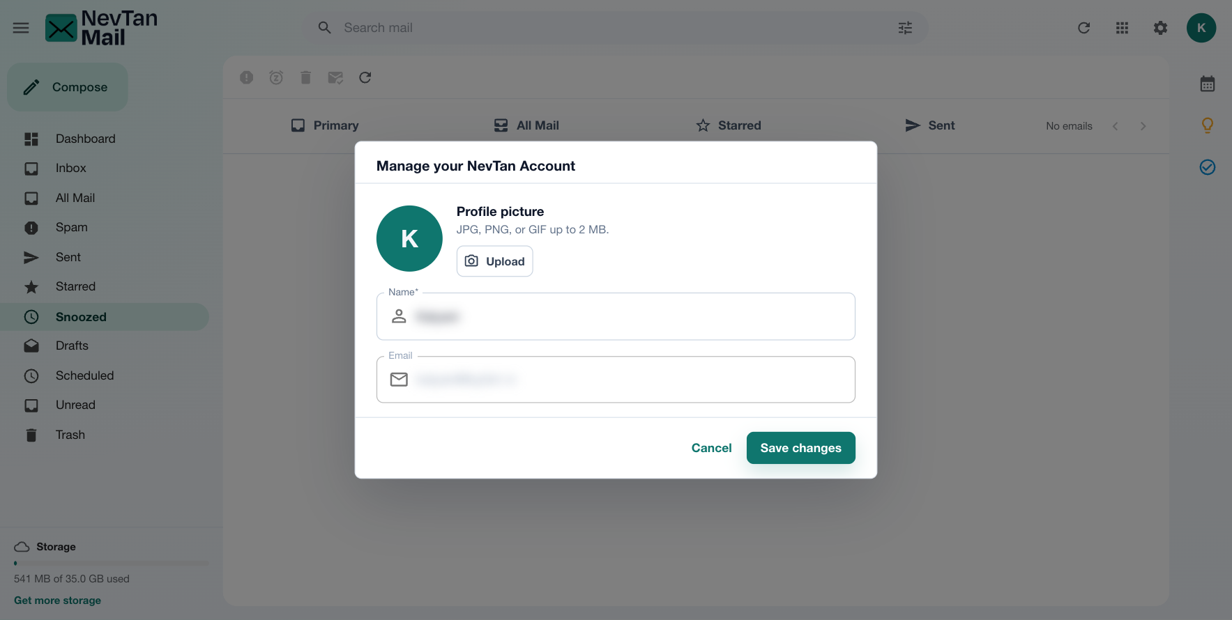 Profile dialog with name, email, and profile picture