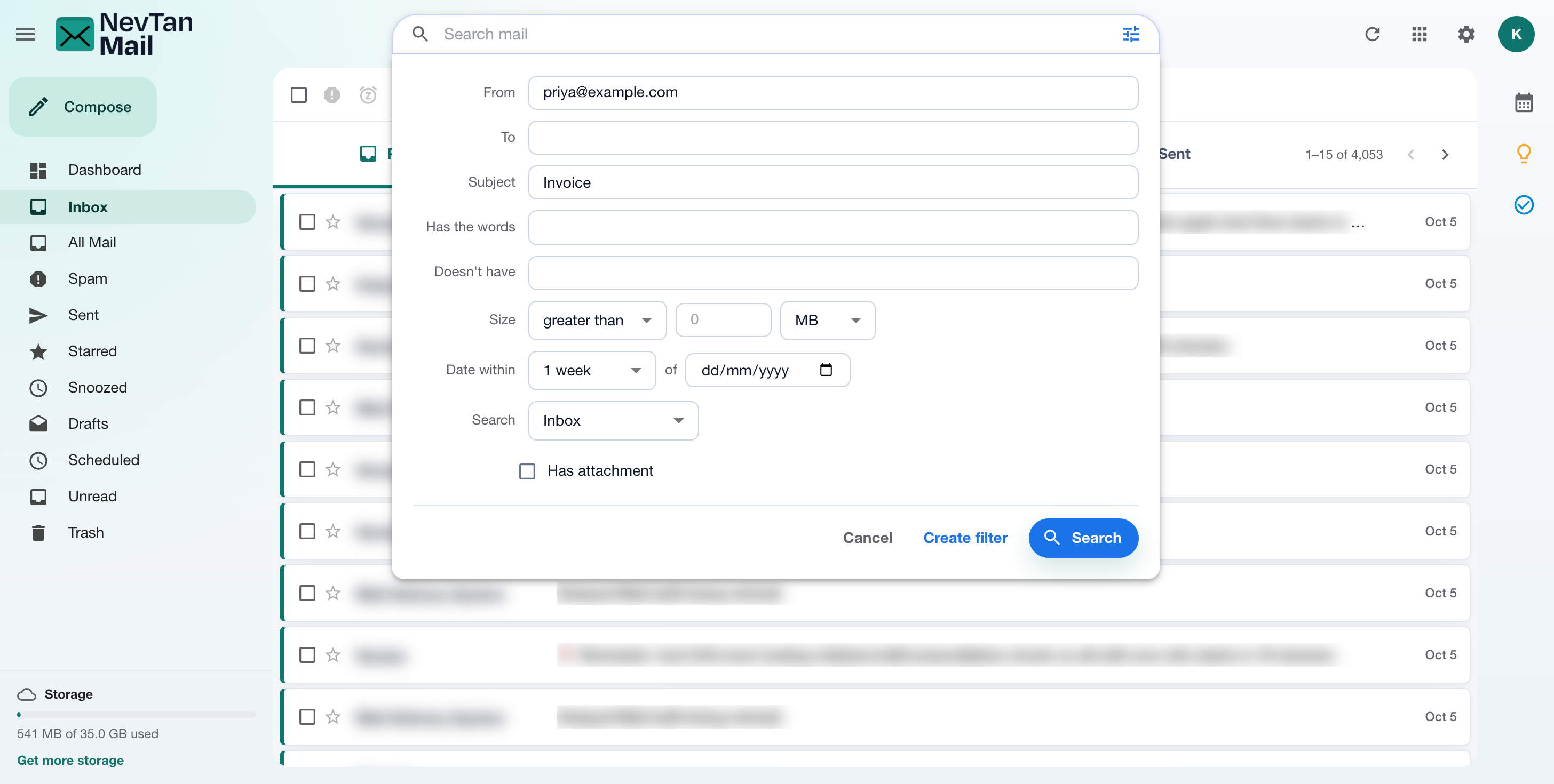 Advanced search filter panel with From, To, Subject, size, and date fields