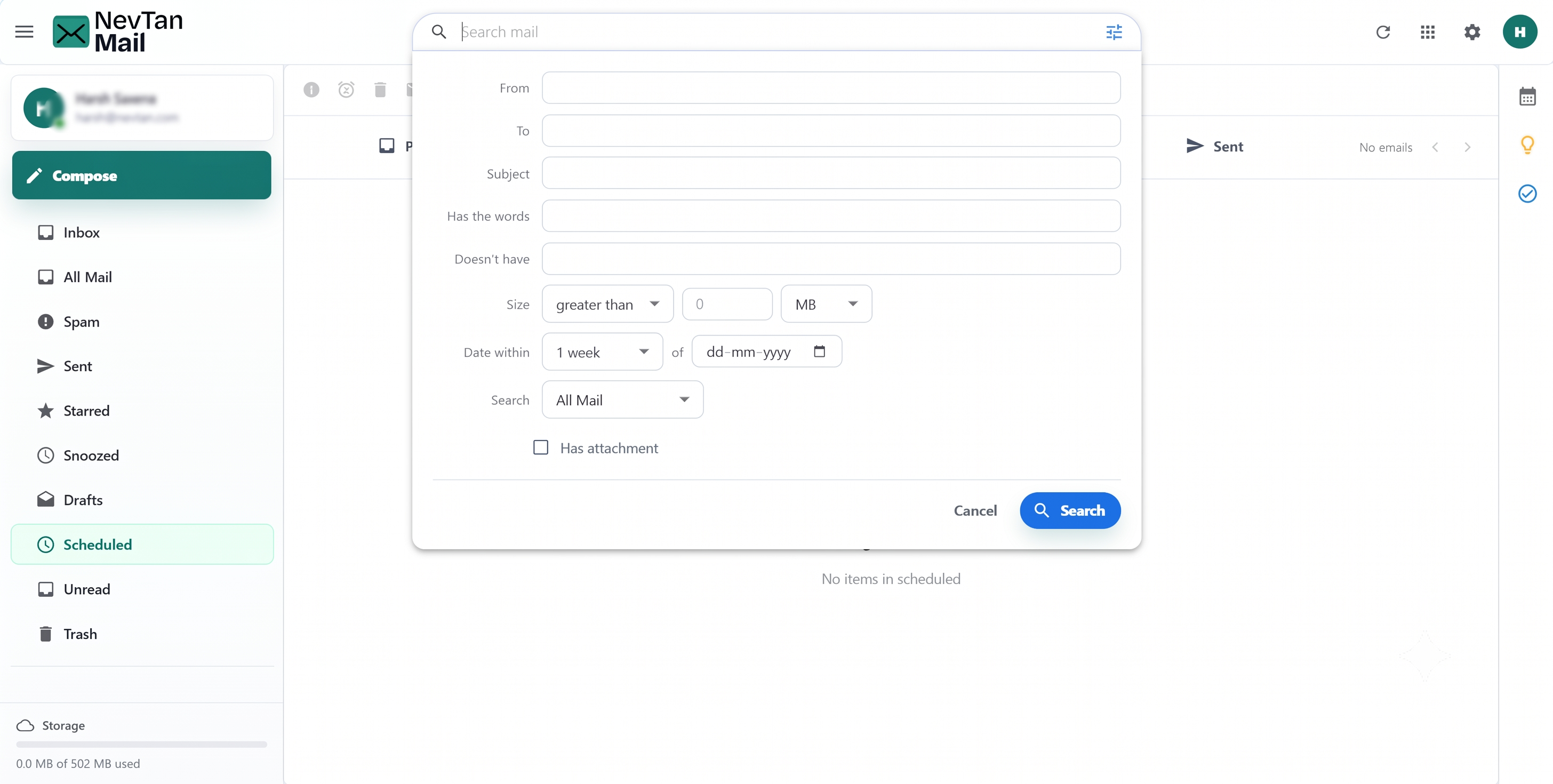 Advanced search filter panel with From, To, Subject, size, and date fields