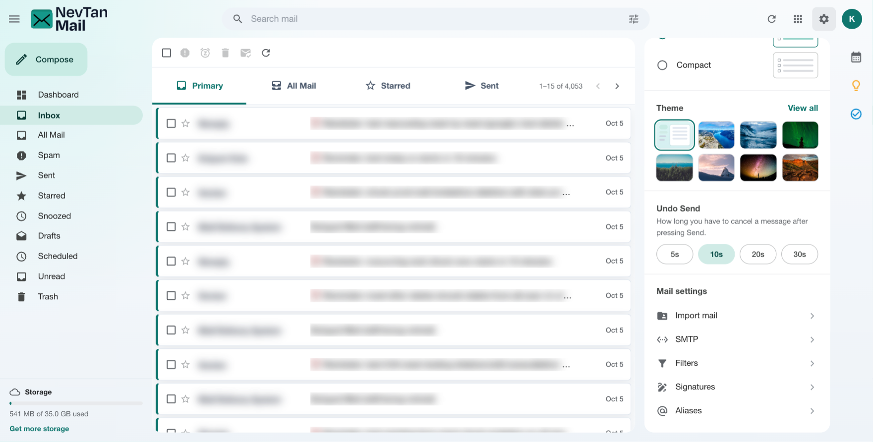 Quick settings panel with Mail settings: Import mail, SMTP, Filters, Signatures and Aliases