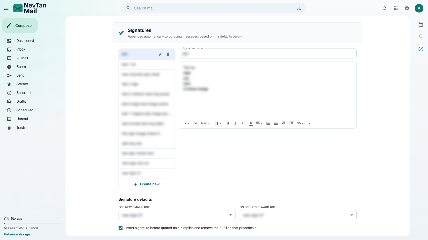 Signatures screen with the signature list, editor, and default selectors