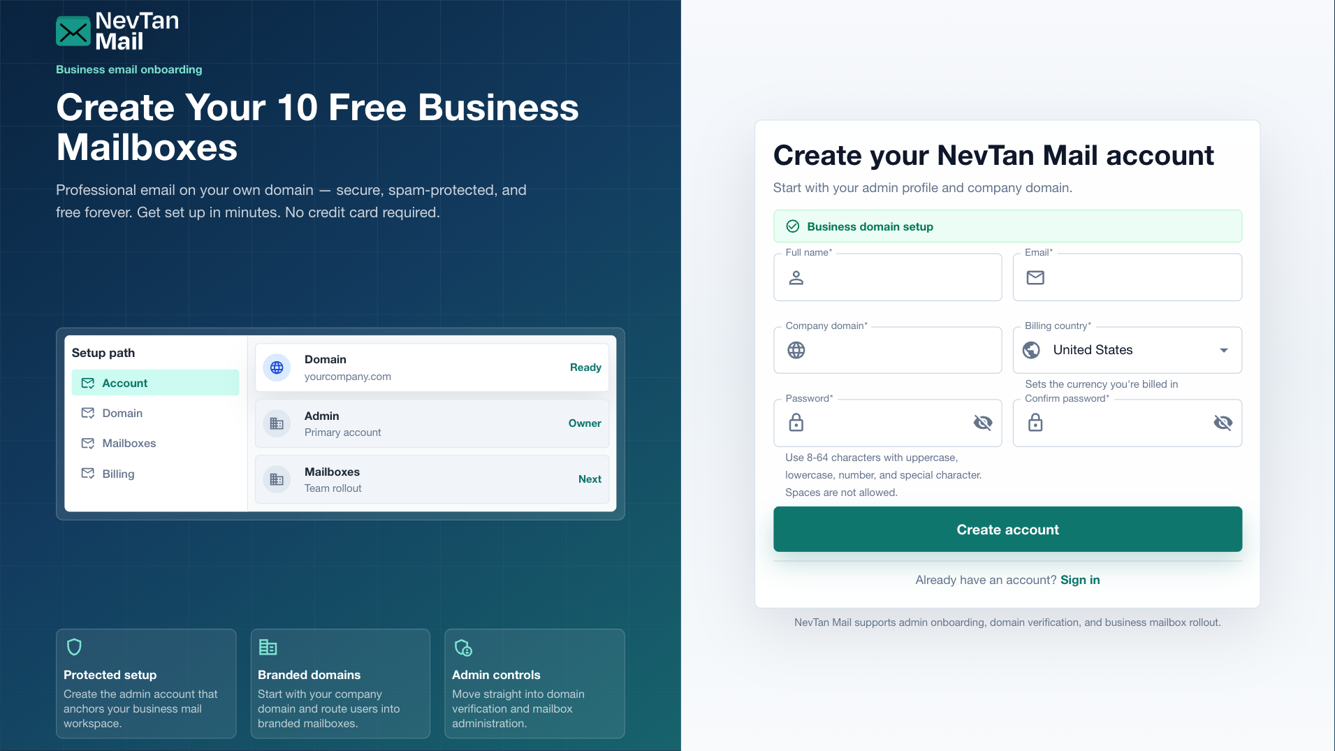 NevTan Mail sign-up form
