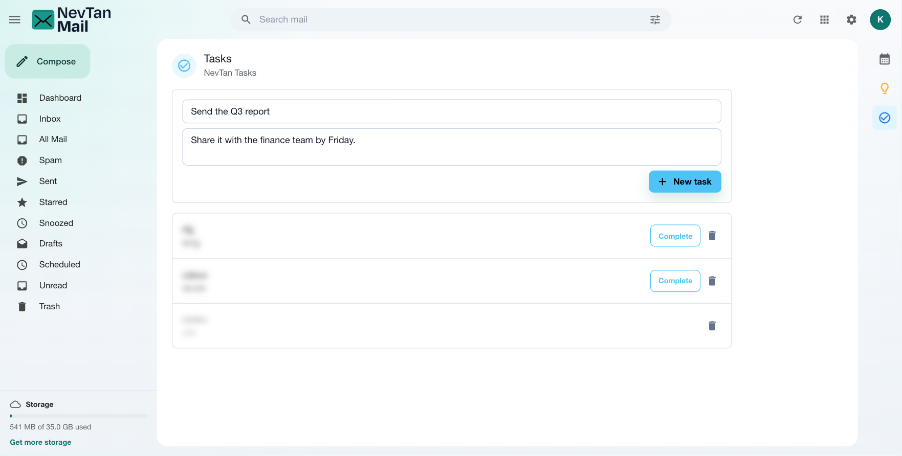 Tasks list with items, one completed