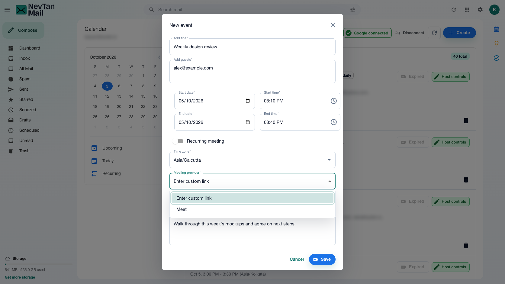 Video provider options: Meet and Enter custom link